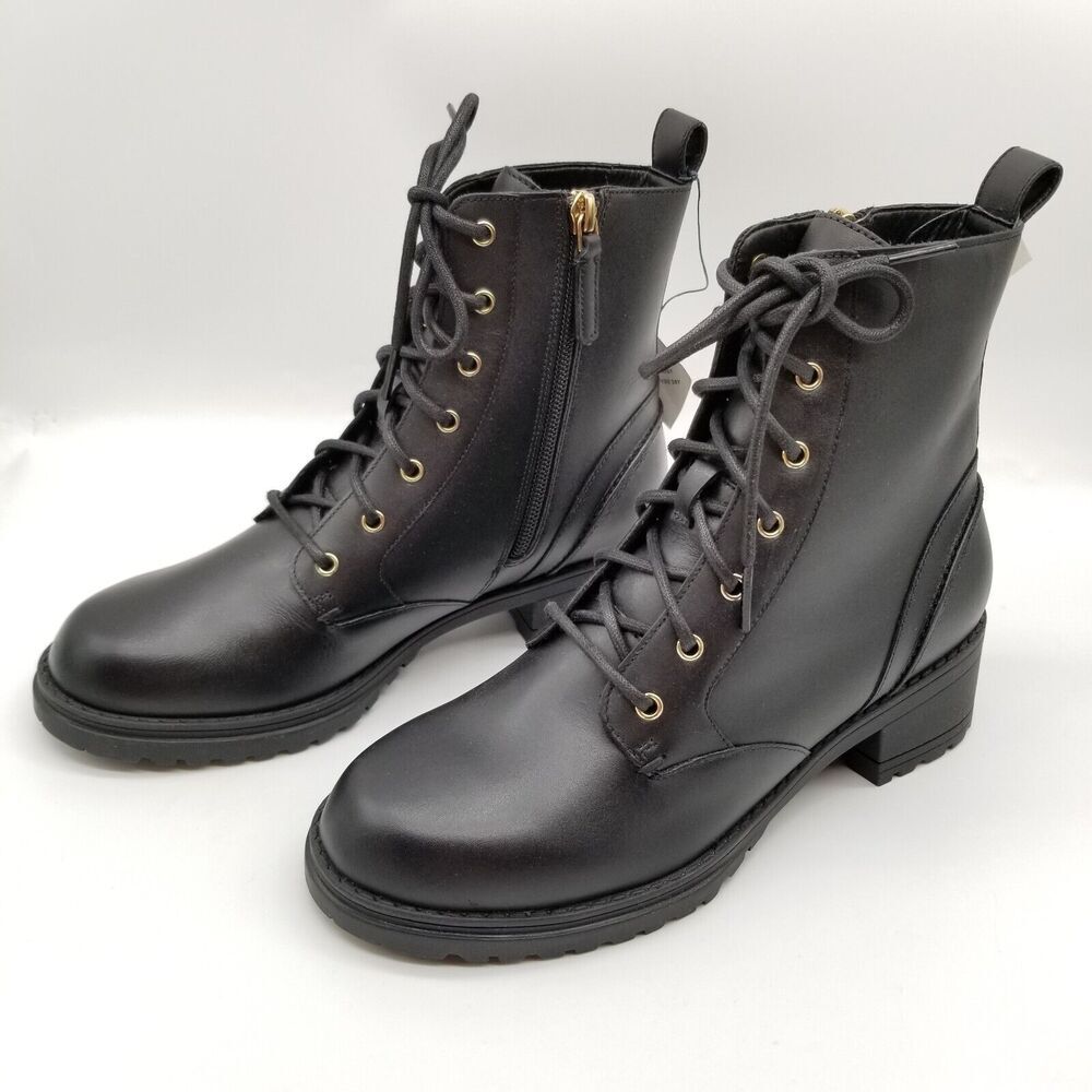 Cole Haan Women Camea Combat Boots Sz 6 B Black Leather Lace Up Ankle Side Zip